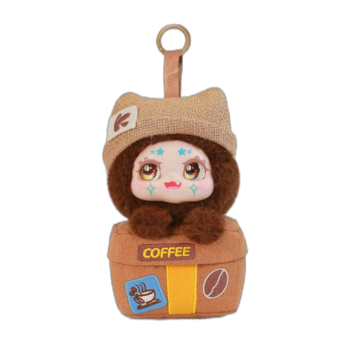 Plush toy character in a coffee cup costume on a white background