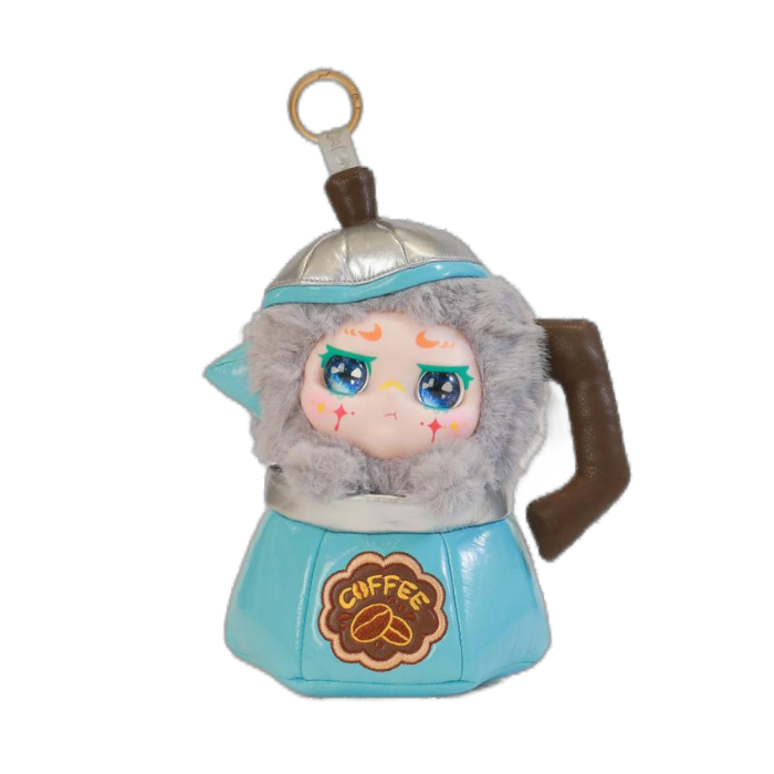 Plush keychain shaped like a coffee cup with a character face on a white background