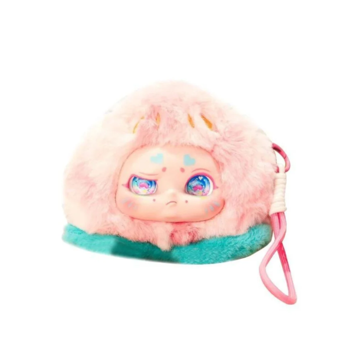 Plush toy with a pink and teal design on a white background