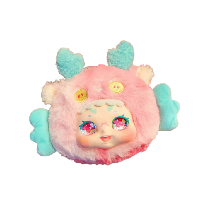 Plush toy with a face and teal horns on a white background