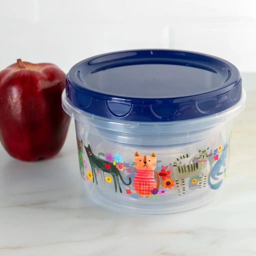 Clear container with blue lid featuring animal illustrations on a white surface next to an apple.