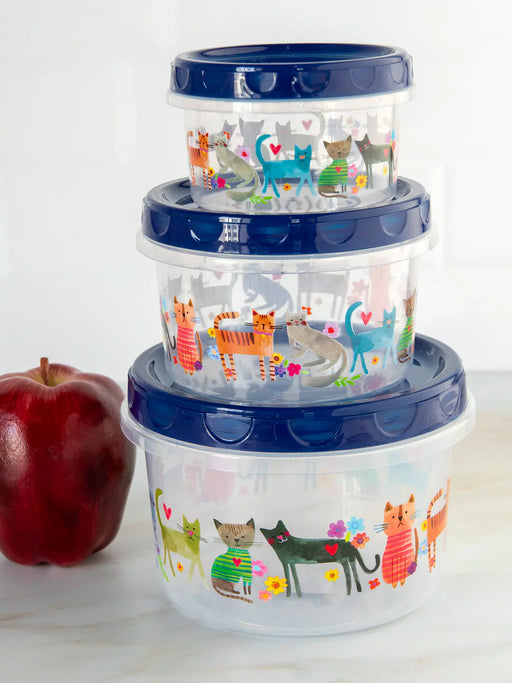 Stack of three plastic containers with cat illustrations on a white background