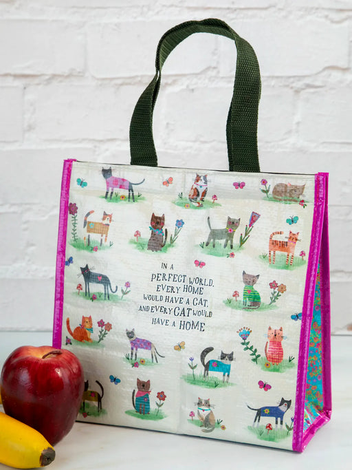Reusable shopping bag with cat illustrations and text on a white background
