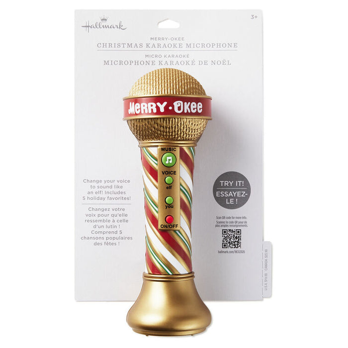 Hallmark Christmas karaoke microphone with candy cane design and 'Merry Okee' text on a white background.