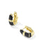 A pair of gold hoop earrings with black enamel inlay, shown on a clean white background.