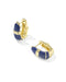 A pair of gold huggie hoop earrings with curved navy blue enamel inlays, shown on a clean white background.
