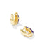 A pair of gold hoop earrings with a bamboo-inspired segmented design and purple enamel accents, shown on a clean white background.