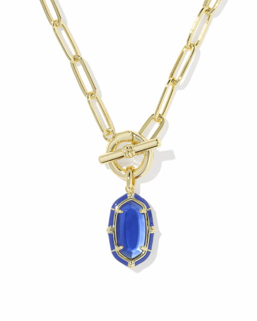 A gold paperclip chain necklace with a toggle clasp and a dangling blue oval gemstone pendant, shown on a clean white background.