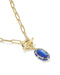 Gold paperclip chain necklace with a toggle clasp and a teardrop-shaped blue gemstone pendant, shown on a white background.