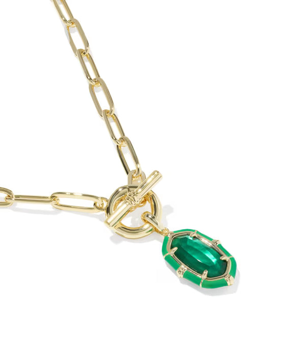 A gold chain necklace featuring a toggle clasp and a dangling green marquise-shaped gemstone pendant, shown on a clean white background.