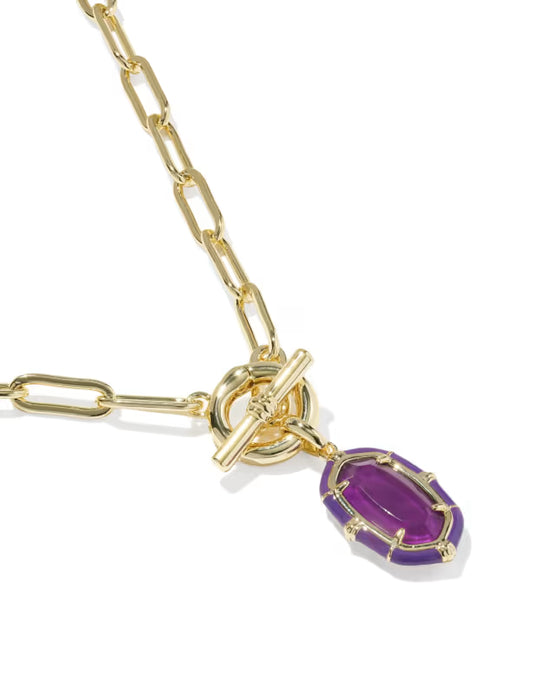 Gold chain necklace with a toggle clasp and a dangling purple marquise-cut gemstone pendant, shown on a white background.