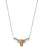A silver-toned necklace featuring a longhorn-shaped pendant with a textured orange center and a small clear gemstone, shown on a plain white background.