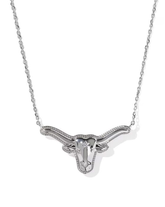 A silver-toned necklace featuring a longhorn bull skull pendant, shown against a plain white background.