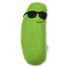 Green bean-shaped pillow with sunglasses on a white background