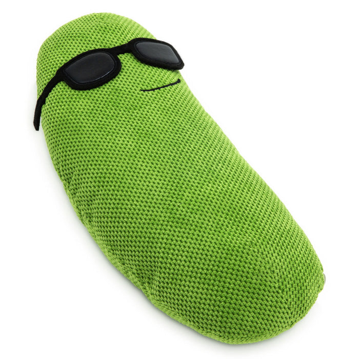 Green textured pouch with sunglasses on a white background