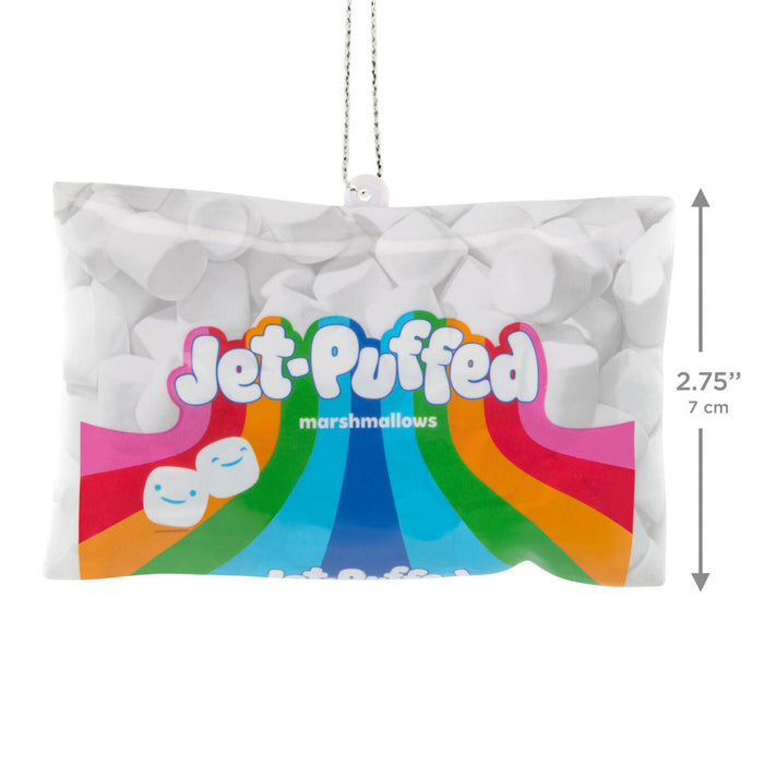 A Jet Puffed marshmallows novelty hanging ornament shaped like a bag of marshmallows, with a rainbow graphic and the text 'Jet Puffed marshmallows' on a white background. A vertical dimension marker on the right reads 2.