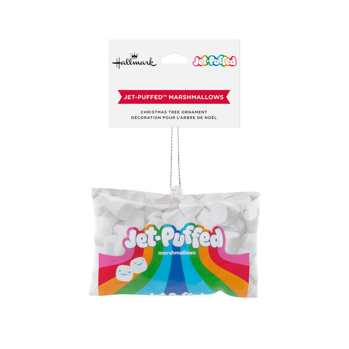 Hallmark Jet-Puffed Marshmallows Christmas tree ornament hanging from a white retail header card. The ornament is a clear plastic bag filled with white marshmallows and printed with the colorful Jet-Puffed logo and rainbow graphic.