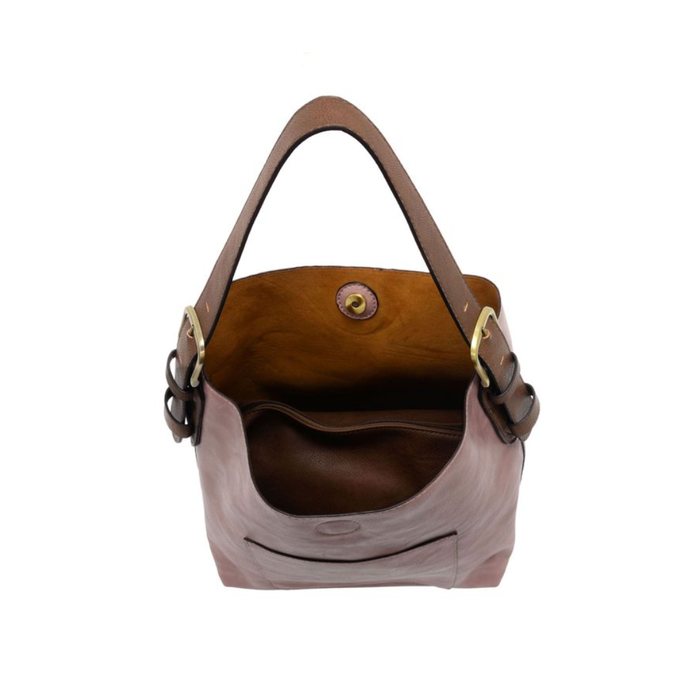 Brown leather handbag with a gold buckle on a white background