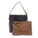 Two leather handbags, one navy and one brown, on a white background.