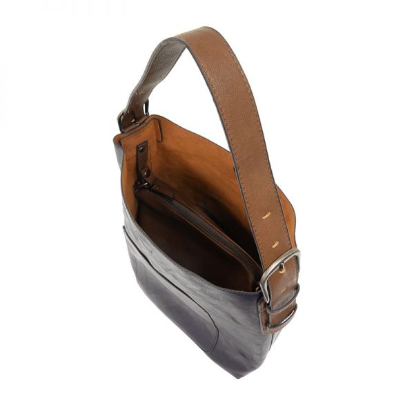 Gray handbag with a brown strap on a white background