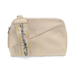 A beige faux-leather crossbody bag with a diagonal flap detail and a vertical embroidered stripe featuring green leaves and pink flowers on a gold and white border.