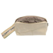 A cream-colored leather zippered pouch with a matching fabric wristlet strap featuring embroidered floral details, shown open against a plain white background.