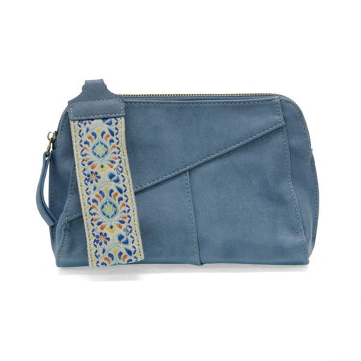 Blue pouch with a decorative strap on a white background