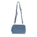 Blue suede handbag with a strap on a white background