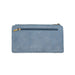 Blue wallet with a gold zipper on a white background
