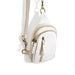 White crossbody bag with gold zippers on a white background