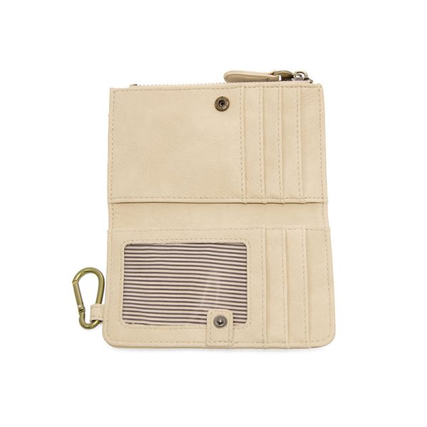 Beige pouch with a zipper and key ring on a white background
