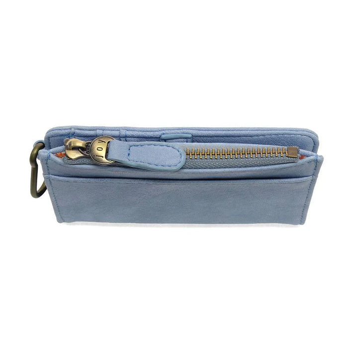 Blue wallet with gold zipper on a white background