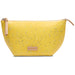 Yellow cosmetic bag with glittery pattern and visible brand logo on a white background