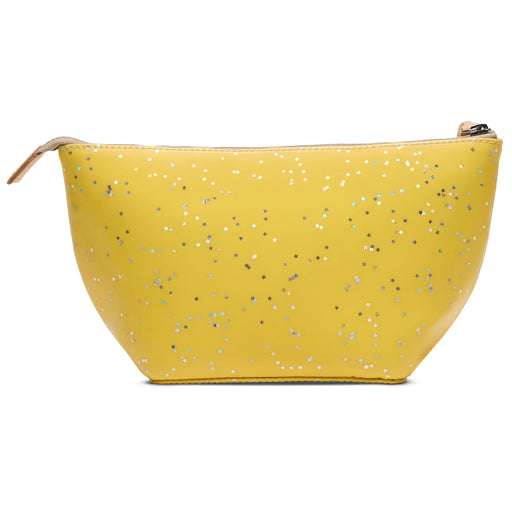 Yellow pouch with glittery specks on a white background