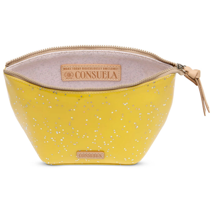 Yellow glittery pouch with beige interior and Consuela branding on a white background