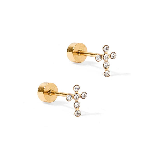 Pair of gold stud earrings with small gemstones on a white background
