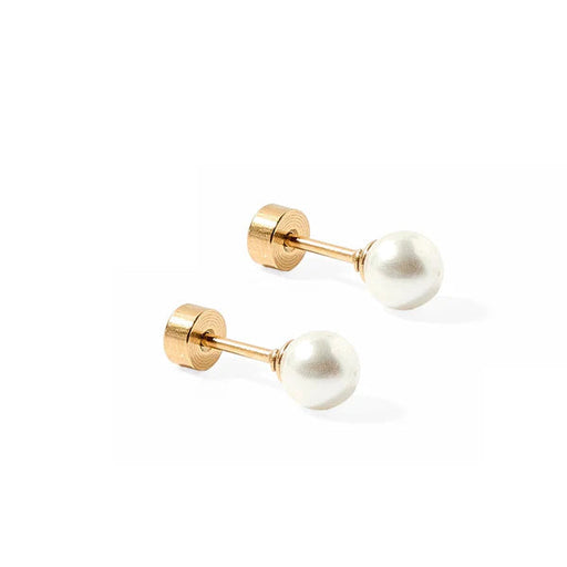 Pair of gold earrings with white pearls on a white background