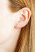 Close-up of an ear with a small earring worn by a person with blonde hair.