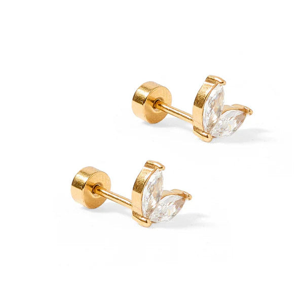 Gold earrings with clear gemstones on a white background