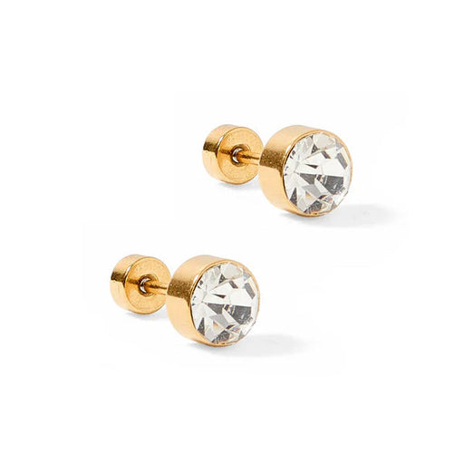 Gold stud earrings with clear gemstones on a white background