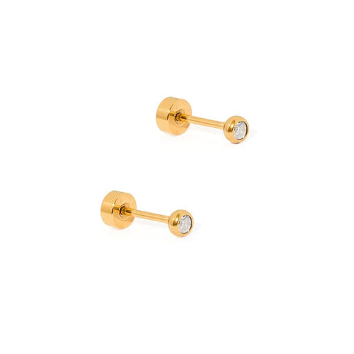 Pair of gold stud earrings with clear gemstones on a white background