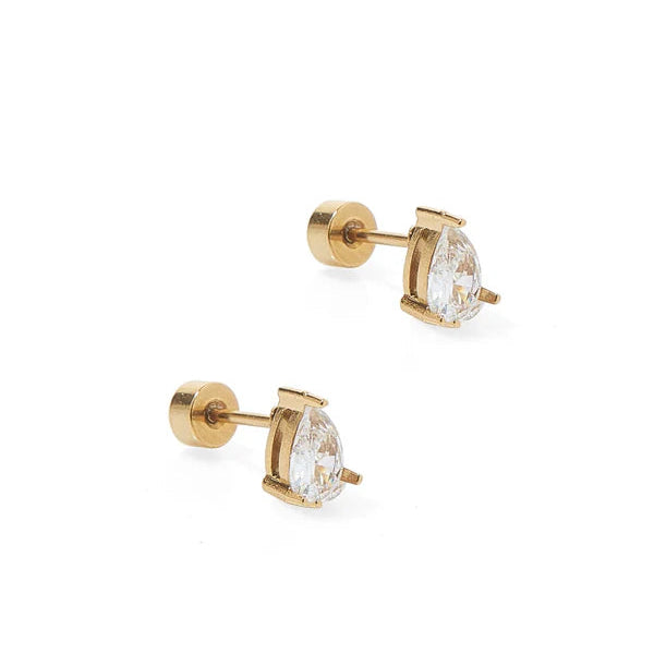Gold stud earrings with clear gemstones on a white background