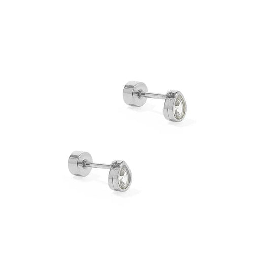 Pair of silver stud earrings on a white background