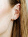 Close-up of an ear wearing a small stud earring with blonde hair partially covering the face.