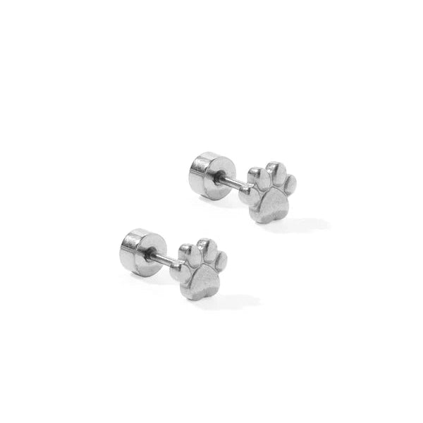 Pair of silver paw print earrings on a white background
