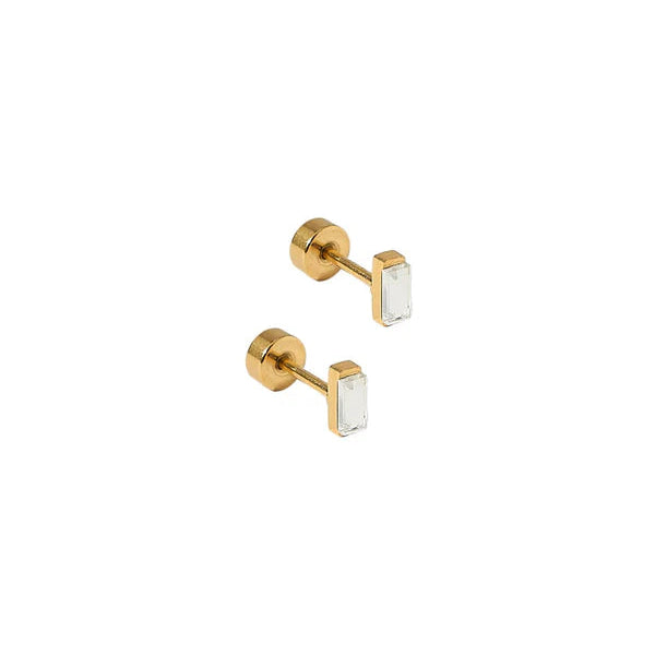 Pair of gold stud earrings with rectangular clear gemstones on a white background