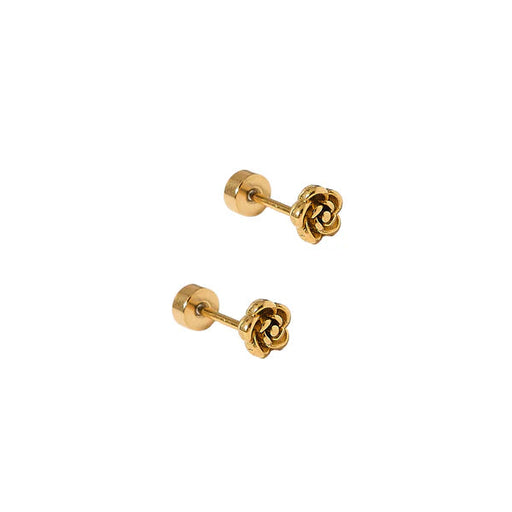 Pair of gold rose-shaped earrings on a white background