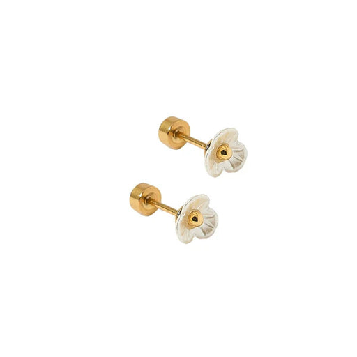 Pair of gold and white floral earrings on a white background