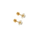 Pair of gold and white floral earrings on a white background