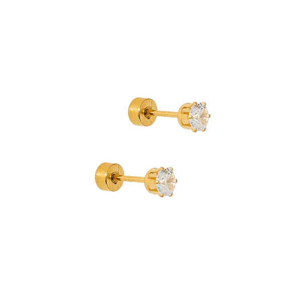 Pair of gold stud earrings with clear gemstones on a white background